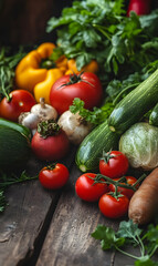 Freshly harvested garden bounty arranged naturally on a rustic wooden surface, inviting flavors