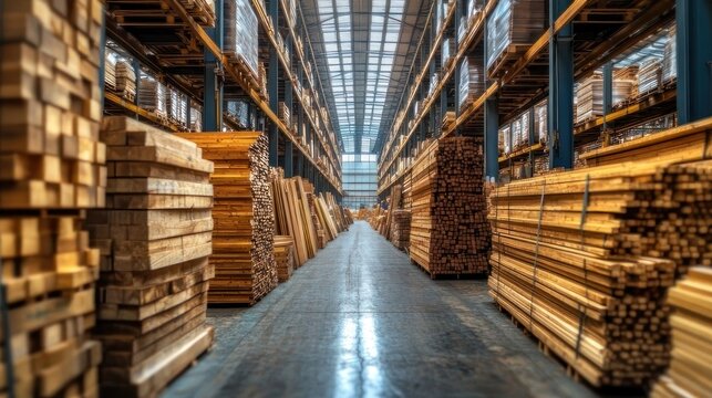 Interior of a large lumber warehouse.  Stacked wooden beams and planks fill the aisles of the warehouse