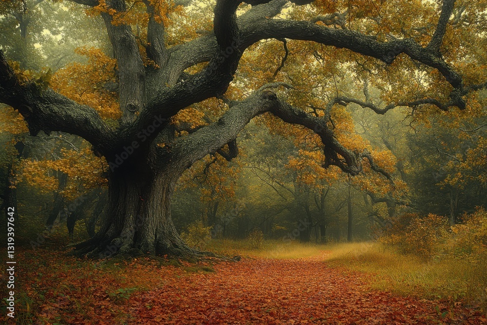 Poster majestic tree in autumn: a serene landscape with a grand tree displaying fall colors inviting viewer