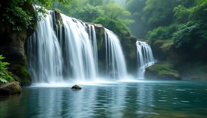 Obraz premium Serene Waterfall Landscape Photo Lush Green Nature