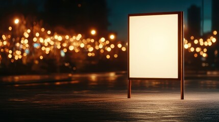 An inviting blank signboard illuminated by warm lights at night, set against a tranquil street scene to attract attention and create a cozy atmosphere.