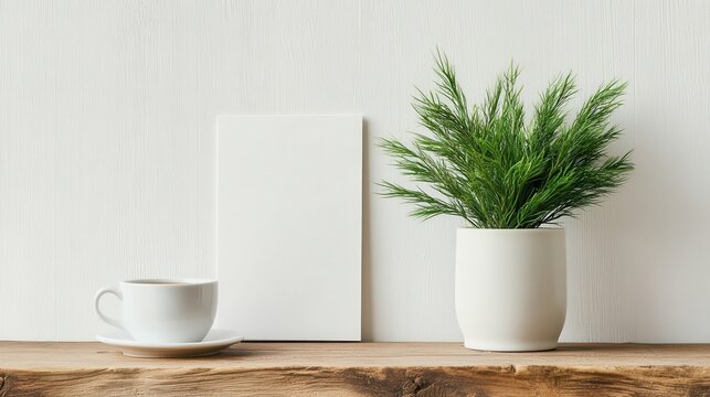 A serene composition of a white coffee cup, a blank canvas, and a lush green plant on a wooden shelf, ideal for showcasing creativity and inspiration. - Powered by Adobe