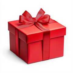 Red Square Gift Box with Red Ribbon Bow on White Background