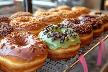 Assorted donuts on display: a sugary symphony of flavors textures and colorful glazes tantalizingly arranged for a sweet indulgence