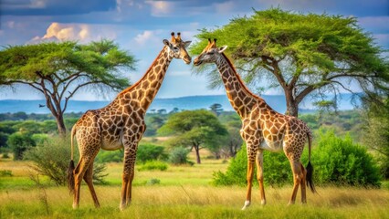Obraz premium A Pair of Giraffes Gracefully Interacting in a Serene African Savanna Landscape Under a Canopy of Lush Greenery