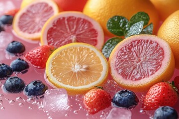 Refreshing summer medley of grapefruit lemon strawberries and blueberries in sparkling water with ice cubes A vibrant burst of flavor!