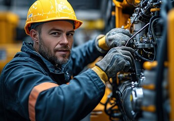 Skilled engineer performing maintenance on heavy machinery in a modern industrial setting during daylight hours
