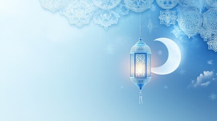 Obraz premium Eid Mubarak elegant blue background with lantern and crescent moon design