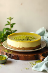 Delicious Pistachio Cheesecake: Gourmet Dessert with Nutty Green Topping for Festive Celebrations