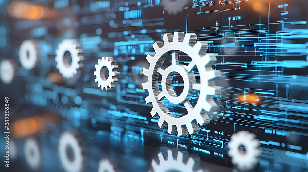 Poster white 3d gears rotating against dark blue digital background with glowing lines and code representin