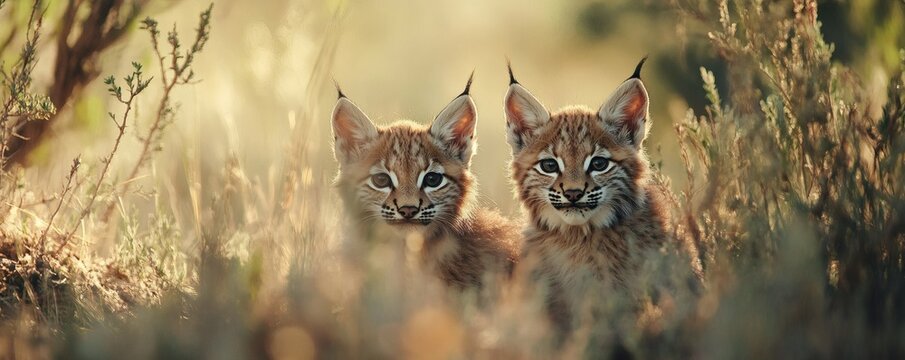 Two young wildcats are looking directly at the camera in daylight