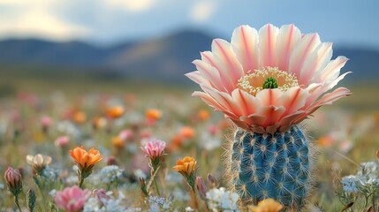 Desert bloom, vibrant cactus flower amongst wildflowers