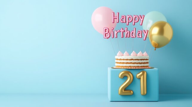 Colorful 3D Birthday Cake with Balloons and Gift Box for Celebration