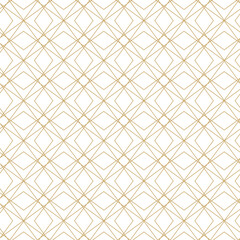 Abstract geometric pattern with squares, crosses, stripes, lines. Seamless vector background. White and gold ornament. Modern reticulated graphic design.