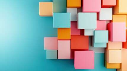 A striking arrangement of colorful cubes set against a turquoise background, showcasing shadows that enhance their three-dimensional appearance and artistic flair.