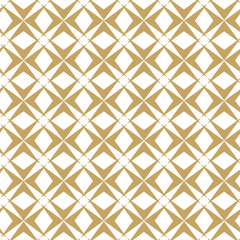 Abstract geometric pattern with squares, crosses, stripes, lines. Seamless vector background. White and gold ornament. Modern reticulated graphic design.