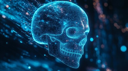 Dynamic wireframe skull in neon blue data stream matrix digital art futuristic environment 3d viewpoint