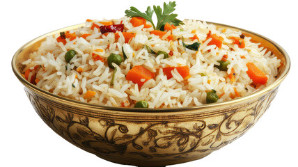 Delicious carrot and quinoa rice in a copper bowl, Vegetables biryani or Vegetables pulao Fried rice food, A delicious bowl of vegetable rice with colorful veggies
