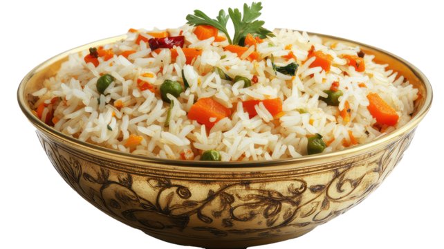 Delicious carrot and quinoa rice in a copper bowl, Vegetables biryani or Vegetables pulao Fried rice food, A delicious bowl of vegetable rice with colorful veggies
