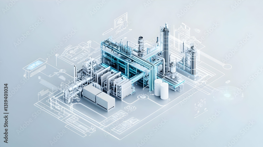 Poster white futuristic factory with blue digital overlays on light gray background in isometric view with 