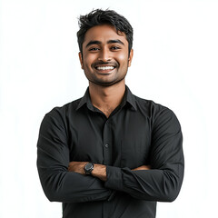 Confident Young Indian Male in Black Shirt with Arms Crossed - Portrait of a Happy, Well-Dressed Man Exuding Charisma and Professionalism