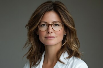 Fototapeta premium A woman with brown hair and glasses is smiling for the camera