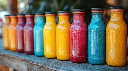 Colorful smoothie bottles in a row