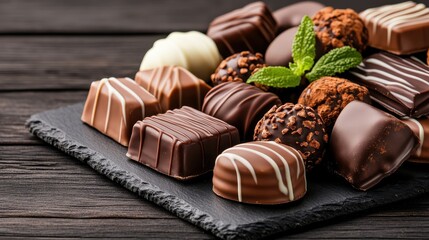 An enticing display of decorative chocolates garnished with fresh mint, showcasing an irresistible variety of textures and flavors perfect for any chocolate lover.
