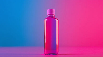 A brightly colored translucent bottle with a pink cap, standing against a vibrant blue and pink gradient backdrop, casting a gentle shadow on the surface.