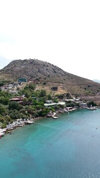 Vertical framing of aerial view of Bozburun district. Mugla city of Turkey
