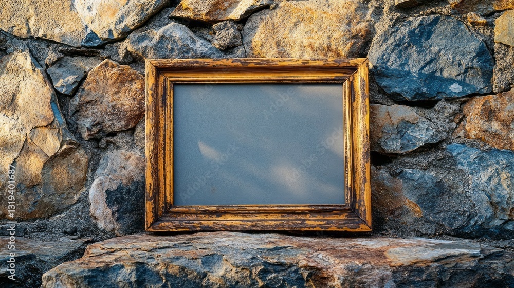 Poster a rustic, weathered frame is positioned against a textured stone wall, catching the soft golden ligh