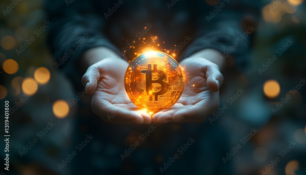 Poster golden bitcoin symbol in hands with sparkles and bokeh effect