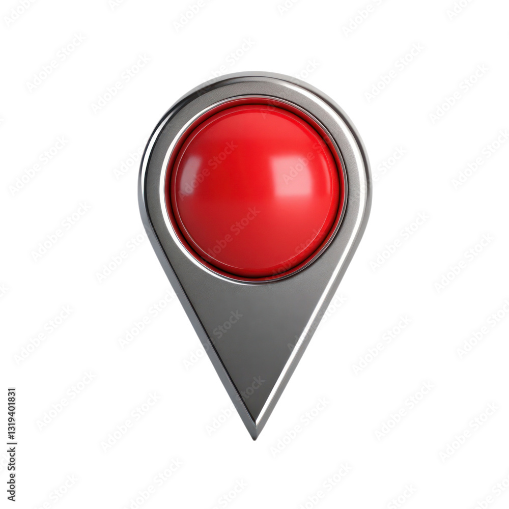 Poster 3d location pin icon with red circular top and metallic base, isolated on transparency background