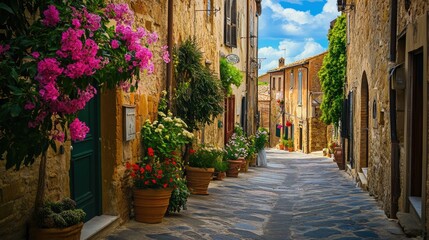Obraz premium Charming Pienza: Vibrant Summer Street in Tuscany, Flourishing with Italian Blooms and Enchanting European Scenery
