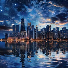 Obraz premium City skyline under a starry night sky