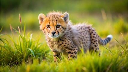 A Young Cheetah Cub Cautiously Exploring Lush Green Grass in the Golden Hour Light