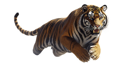 Fototapeta premium A Majestic Tiger In Mid-leap, A Powerful Predator Showcasing Its Incredible Strength And Agility Against A Clean Isolated on Transparent Background