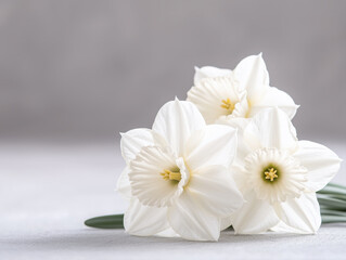 Obraz premium Minimalist White Daffodils, soft grey background, studio shot