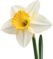 Fototapeta premium Elegant white daffodil with a golden-yellow trumpet, botanical floral illustration, isolated transparent PNG, delicate petals with soft texture.