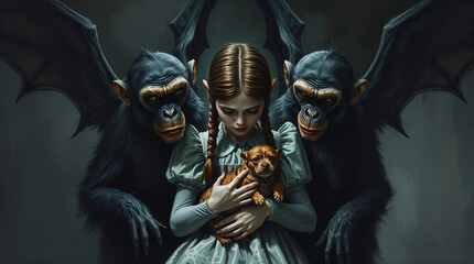 Obraz premium Dorothy with Her Dog Toto Surrounded by Flying Monkeys in the Magical Land of Oz
