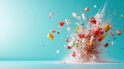 This vibrant image features a burst of colorful candies exploding against a bright turquoise background, filled with energy and a sense of playful refreshment.