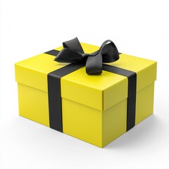 Yellow Gift Box with Black Ribbon and Bow on White Background