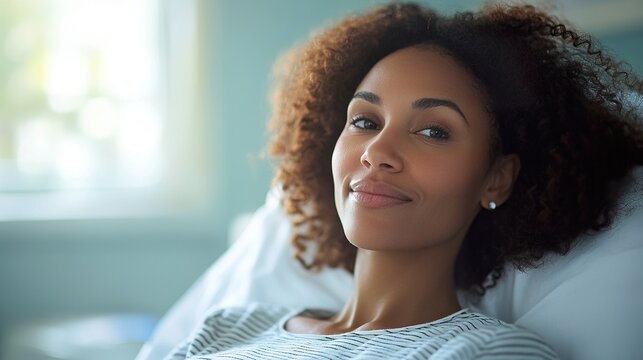 A woman with curly hair is smiling and sitting in a hospital bed