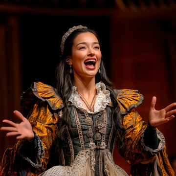 positive actress, opera diva, in historical dress, emotionally performs on stage