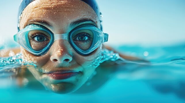 A close-up of a determined swimmer with goggles, emerging from clear pool water, capturing emotions of focus and perseverance in a vibrant aquatic environment.
