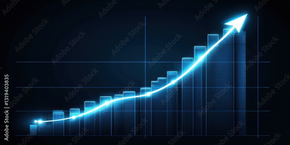 Poster economic and gdp analysis. digital graph showing upward trend with blue lines on a dark background.