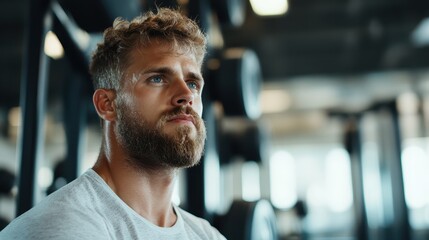 A muscular young man with tousled hair and a thick beard sits pensively, surrounded by gym equipment, emphasizing introspection and the pursuit of fitness goals.