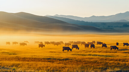 Obraz premium A rural herd of cows grazing on a grassy field beneath a vast sky