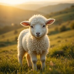 Obraz premium Cute Lamb Standing in Field at Golden Hour with Rolling Hills