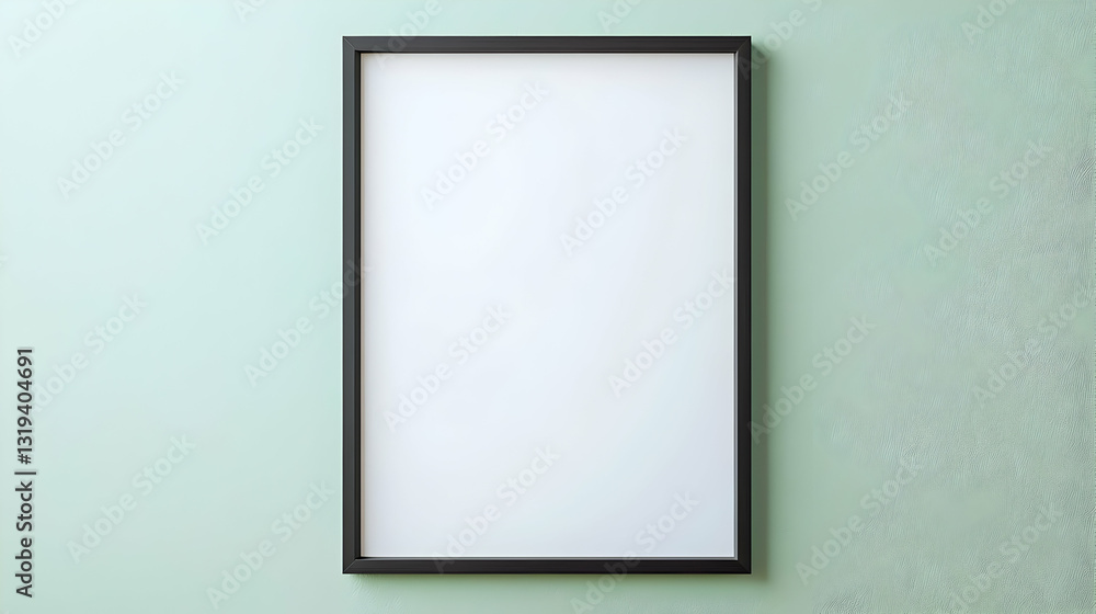Poster vertical black frame mockup on textured green wall with empty white center and copy space for design